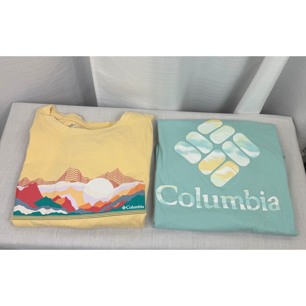 Lot of 2 Columbia Sportswear Graphic T-Shirts Yellow Teal Mountain Logo Large